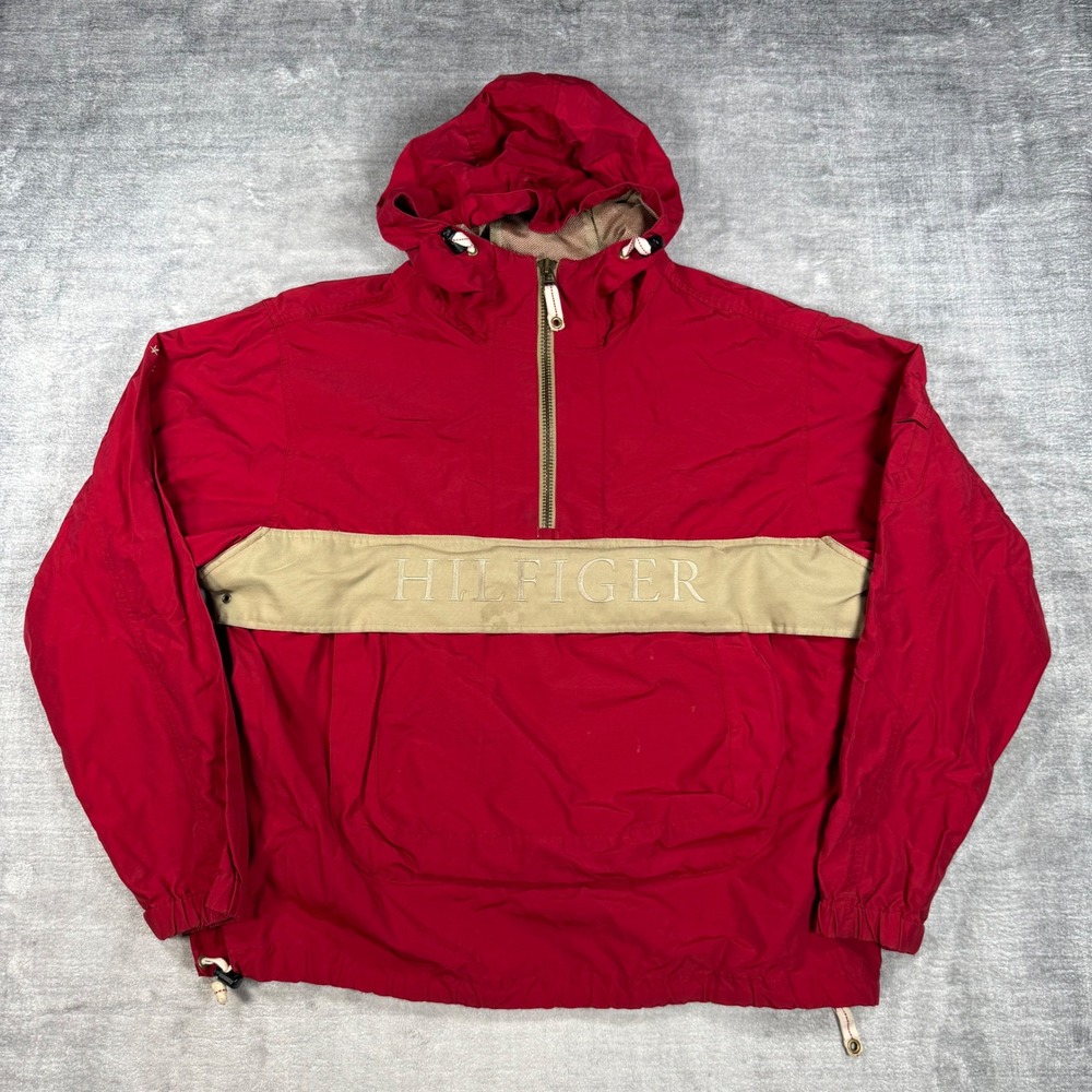 Tommy Hilfiger Jacket Mens Large Red Vintage Windbreaker Heavy Hooded Streetwear